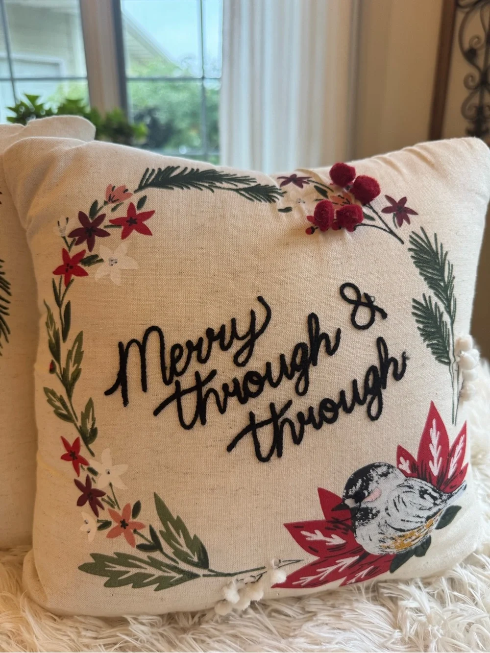 Holiday Cardinal & Wreath Decorative Throw Pillow Set - Neutral with Red & Green